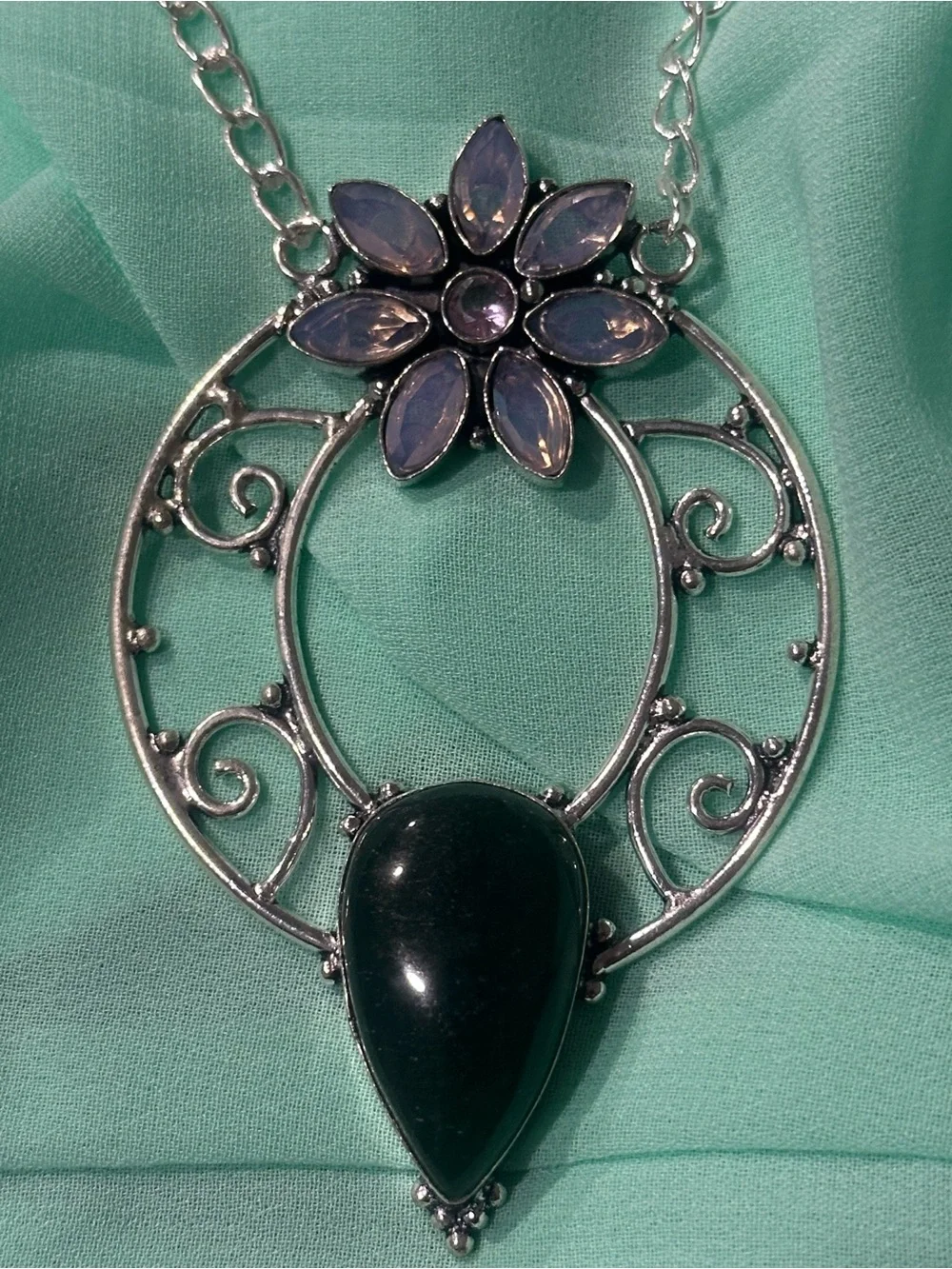 Silver Floral Teardrop Pendant Necklace with Black Stone